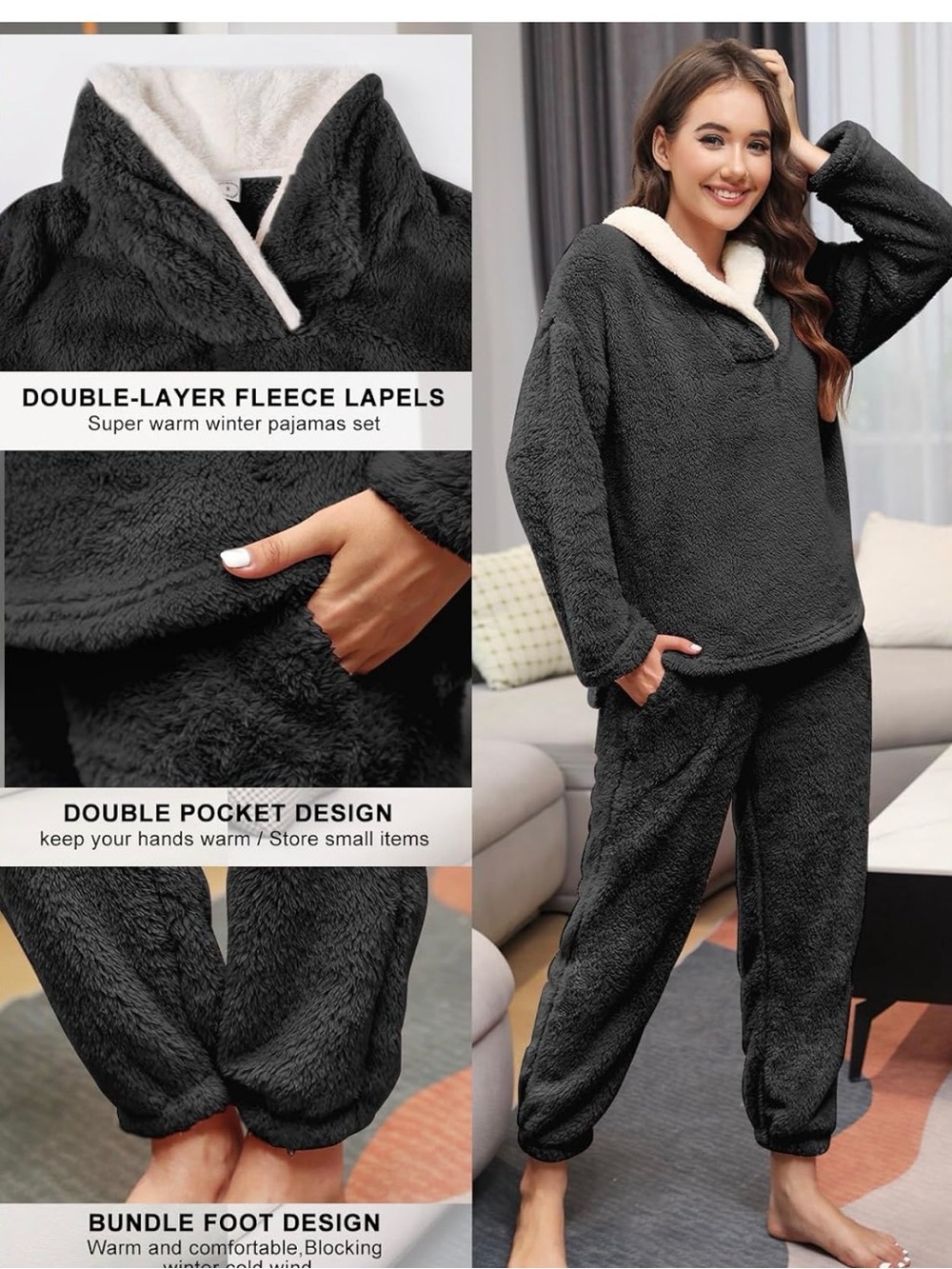 Cozy Double-Layer Fleece Pajama Set - Gray with White Lining